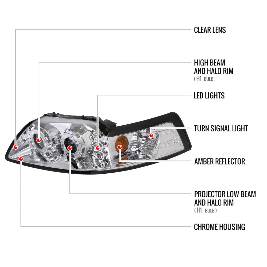 1999-2004 Ford Mustang New Edge Dual Halo V2 Projector Headlights (Chrome Housing / Clear Lens)