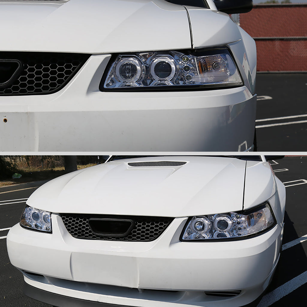 1999-2004 Ford Mustang New Edge Dual Halo V2 Projector Headlights (Chrome Housing / Clear Lens)