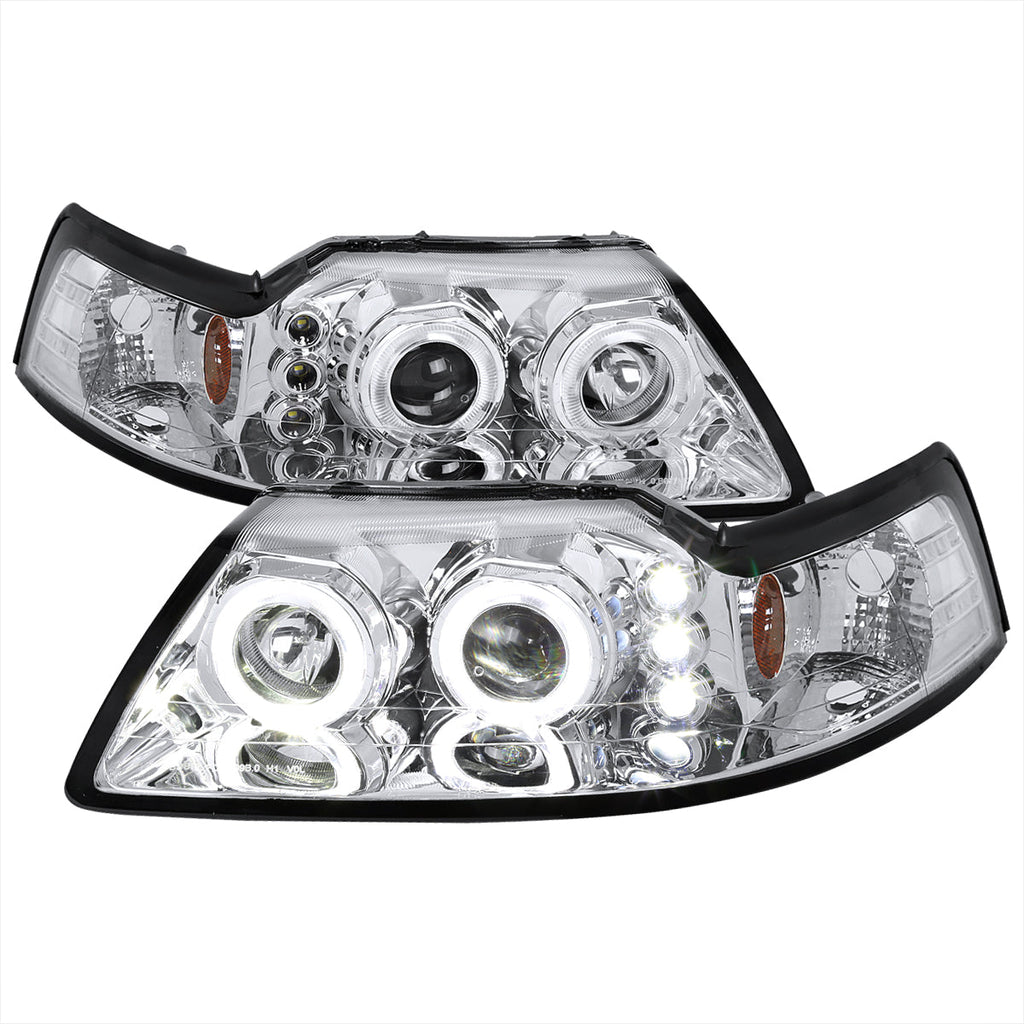 1999-2004 Ford Mustang New Edge Dual Halo V2 Projector Headlights (Chrome Housing / Clear Lens)
