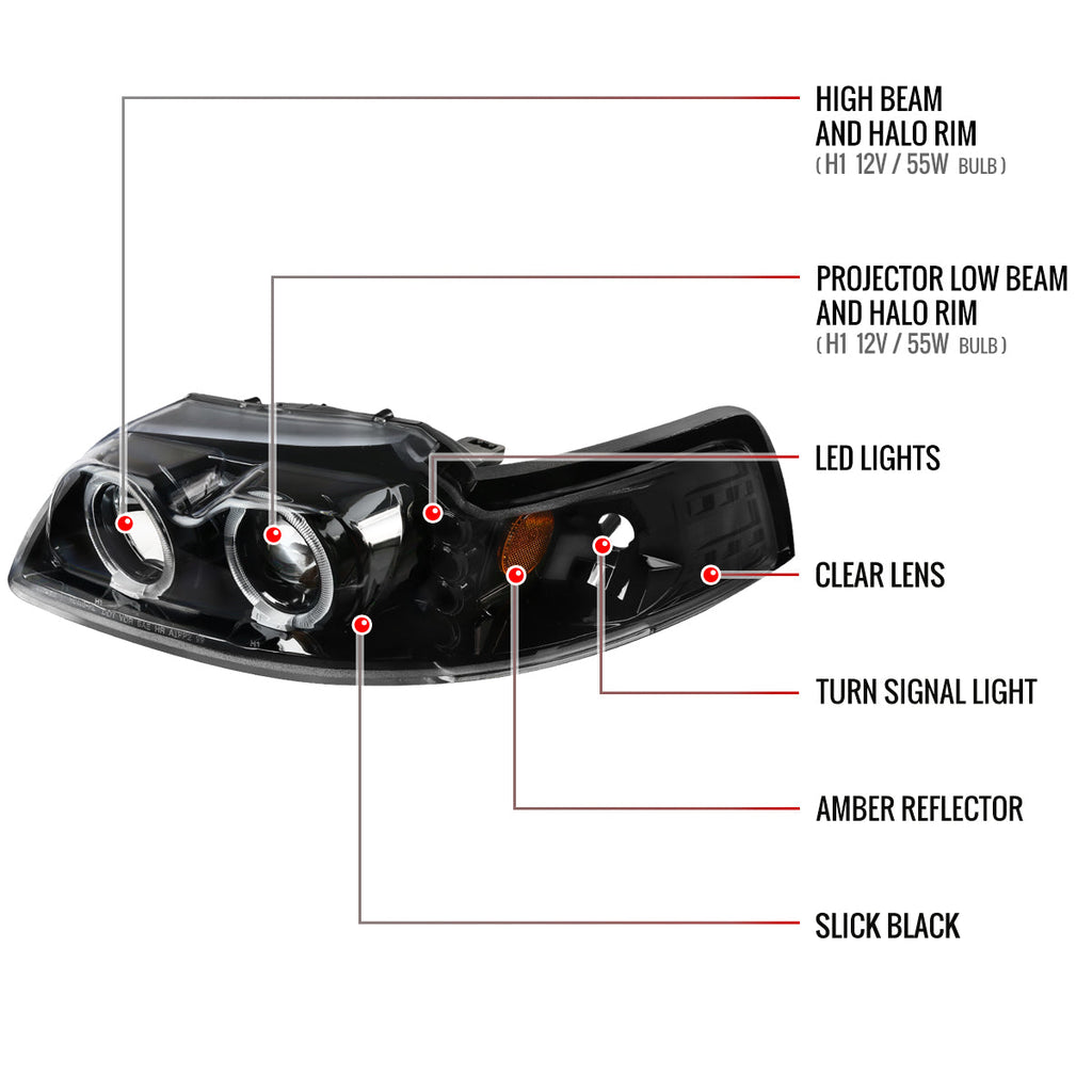 1999-2004 Ford Mustang New Edge Dual Halo Projector Headlights (Jet Black Housing / Clear Lens)