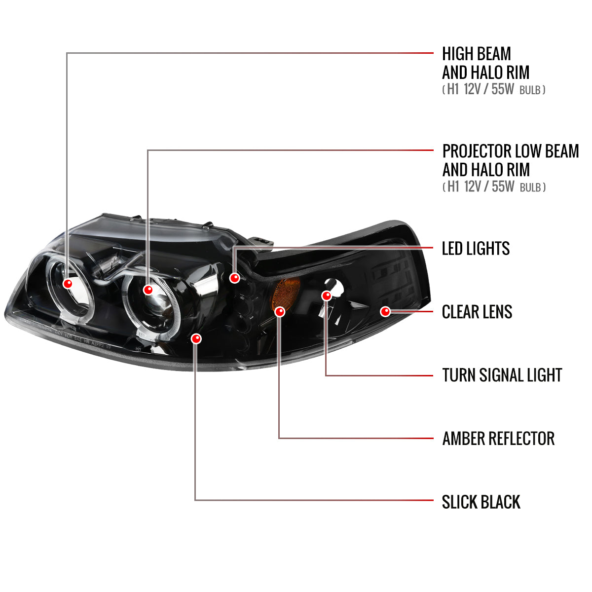 1999-2004 Ford Mustang New Edge Dual Halo Projector Headlights (Jet Black Housing / Clear Lens)