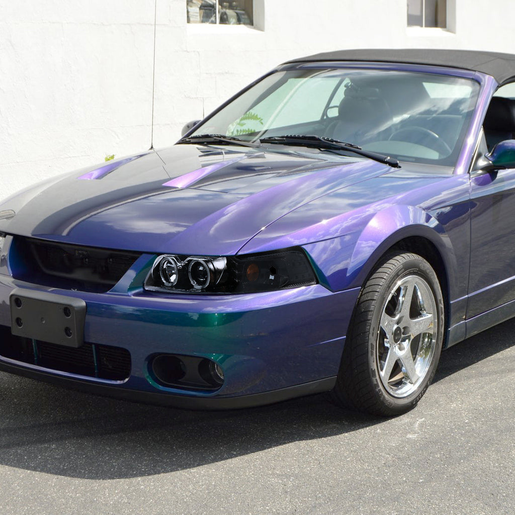 1999-2004 Ford Mustang New Edge Dual Halo Projector Headlights (Jet Black Housing / Clear Lens)