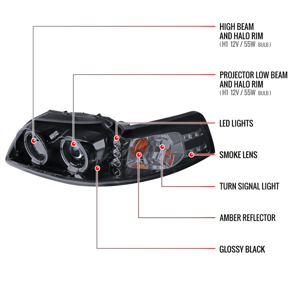 1999-2004 Ford Mustang New Edge Dual Halo Projector Headlights (Glossy Black Housing / Smoked Lens)