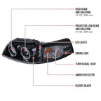 1999-2004 Ford Mustang New Edge Dual Halo Projector Headlights (Glossy Black Housing / Smoked Lens)
