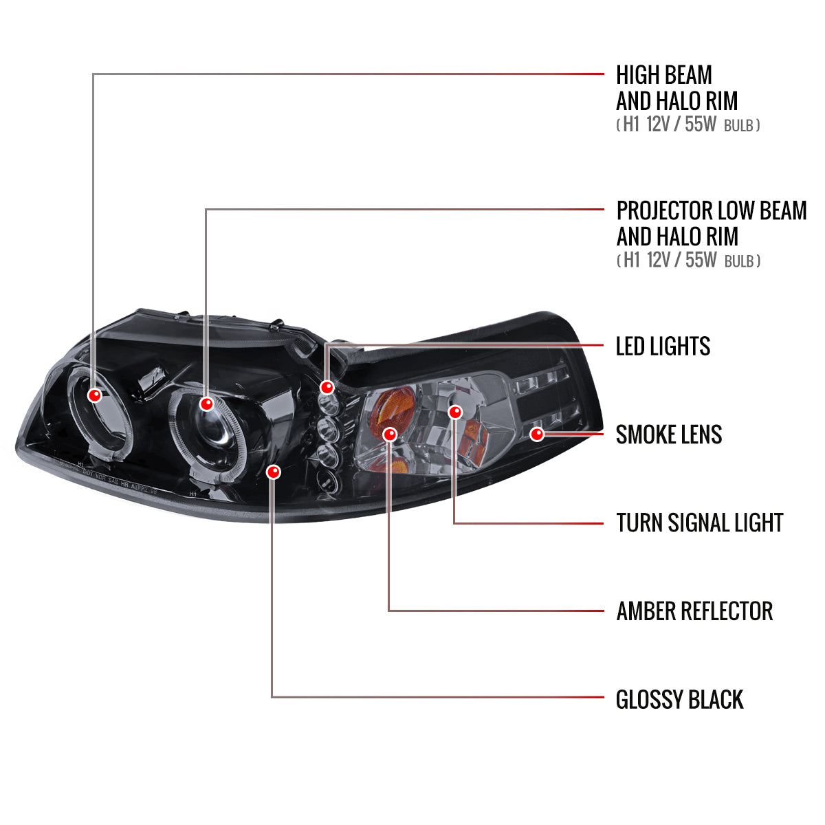 1999-2004 Ford Mustang New Edge Dual Halo Projector Headlights (Glossy Black Housing / Smoked Lens)