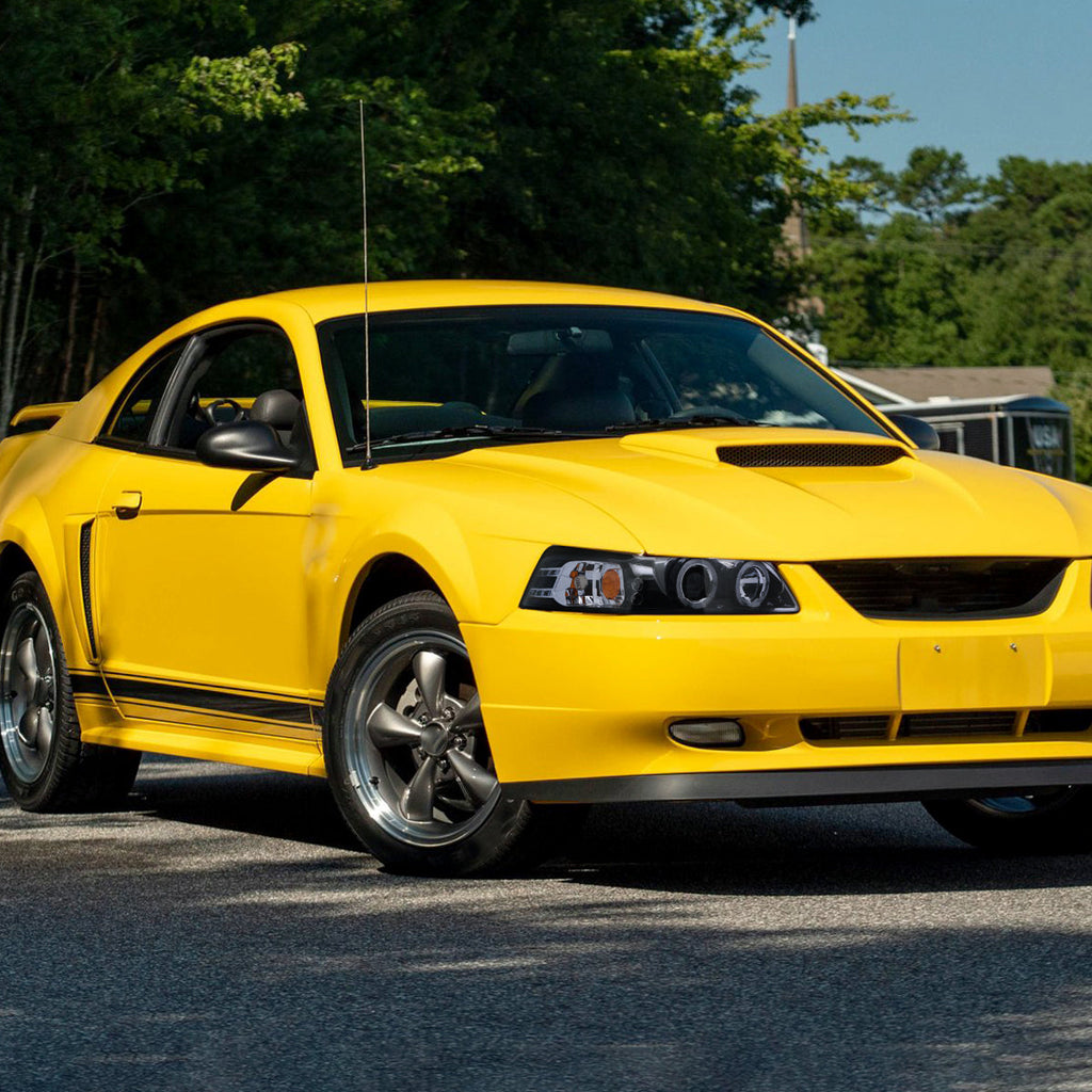 1999-2004 Ford Mustang New Edge Dual Halo Projector Headlights (Glossy Black Housing / Smoked Lens)