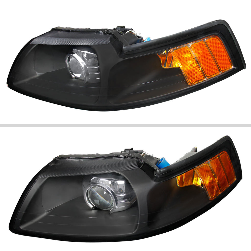 1999-2004 Ford Mustang New Edge Projector Headlights w/ Amber Reflectors (Matte Black Housing / Clear Lens)