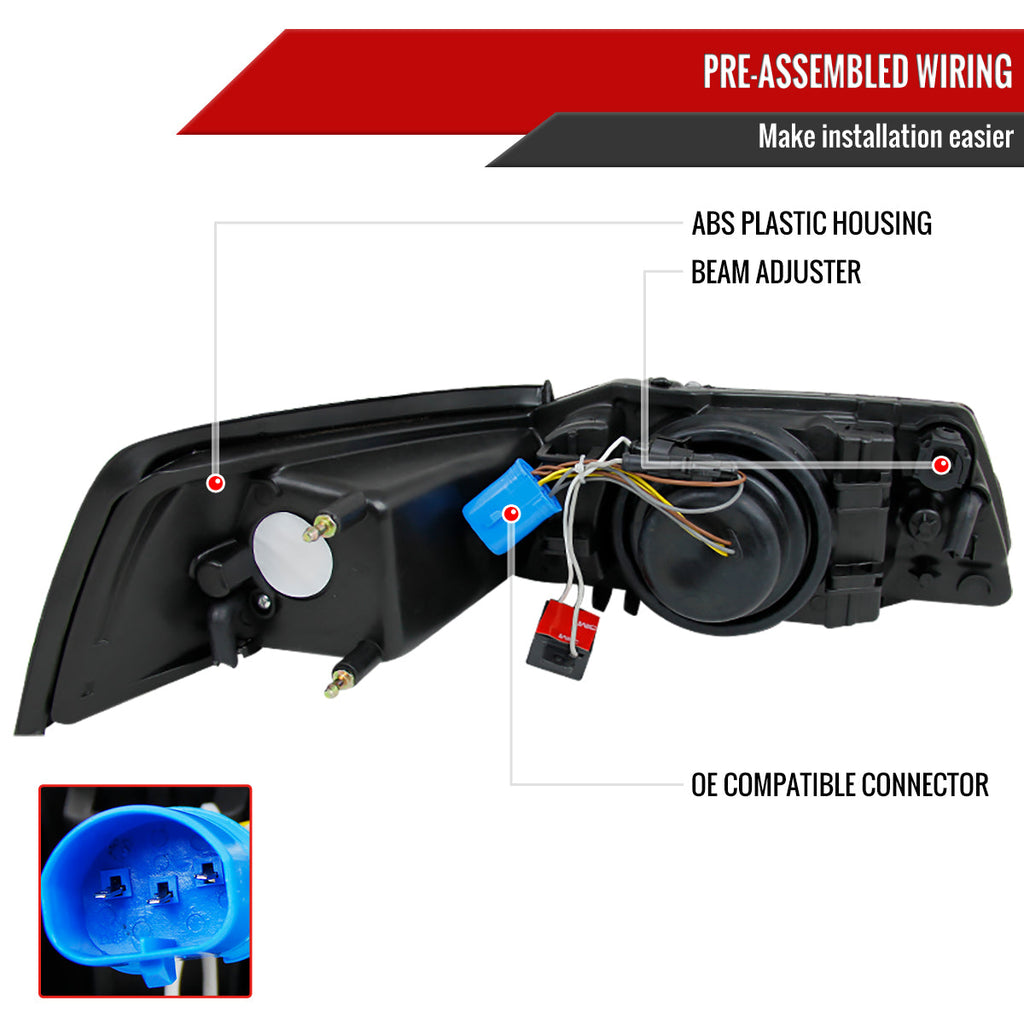 1999-2004 Ford Mustang New Edge Projector Headlights w/ Amber Reflectors (Matte Black Housing / Clear Lens)