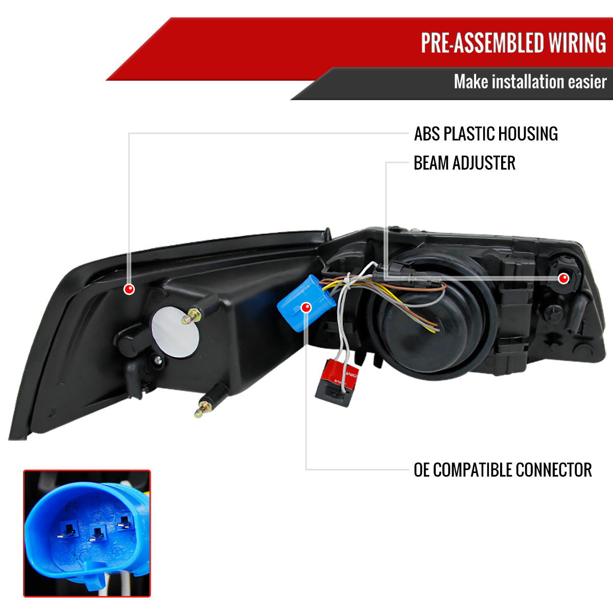 1999-2004 Ford Mustang New Edge Projector Headlights w/ Amber Reflectors (Matte Black Housing / Clear Lens)