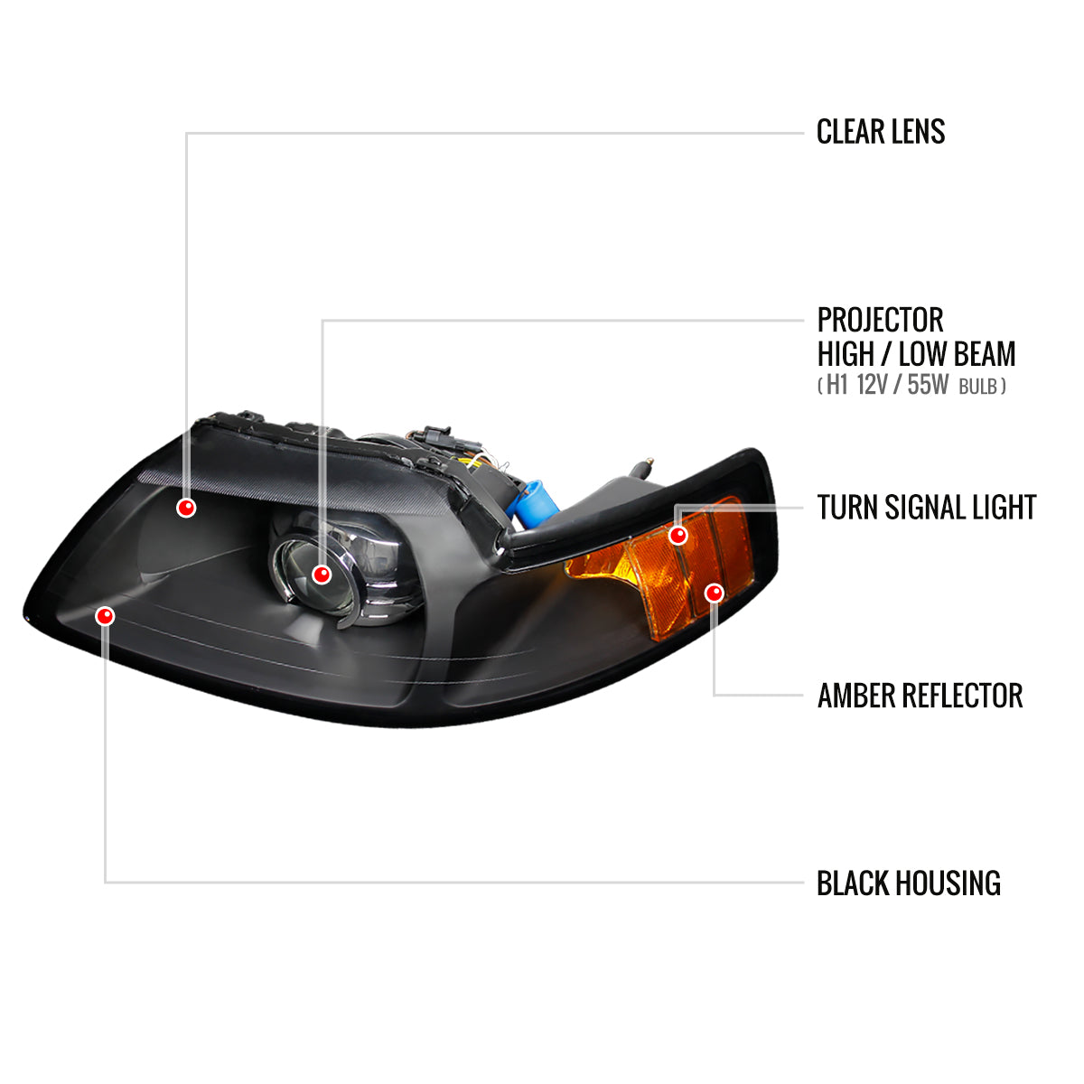 1999-2004 Ford Mustang New Edge Projector Headlights w/ Amber Reflectors (Matte Black Housing / Clear Lens)