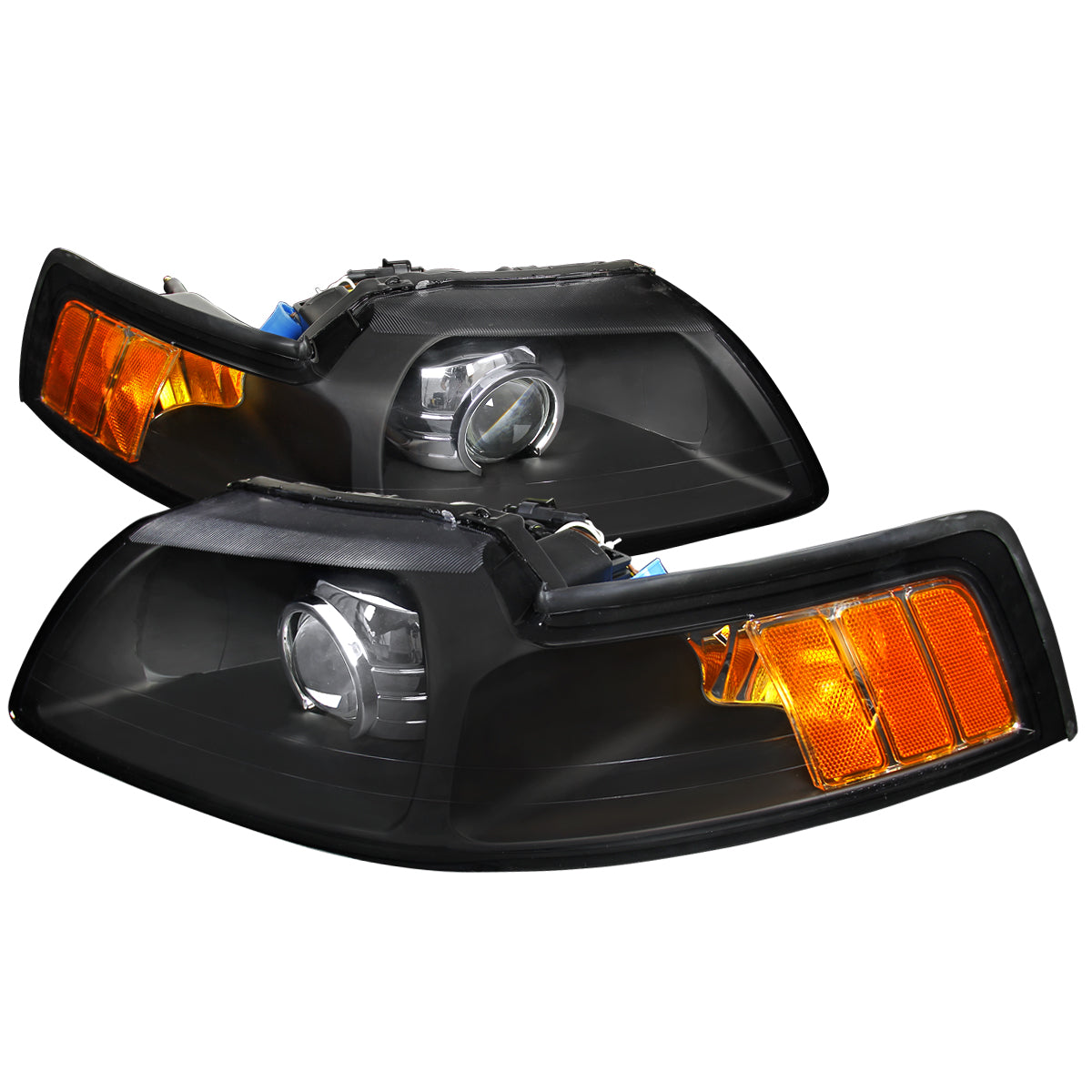 1999-2004 Ford Mustang New Edge Projector Headlights w/ Amber Reflectors (Matte Black Housing / Clear Lens)