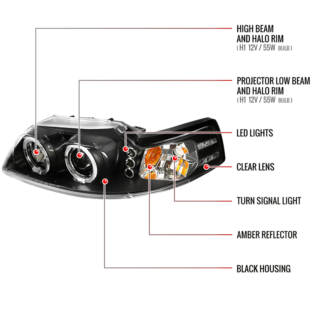 1999-2004 Ford Mustang New Edge Dual Halo Projector Headlights (Matte Black Housing / Clear Lens)
