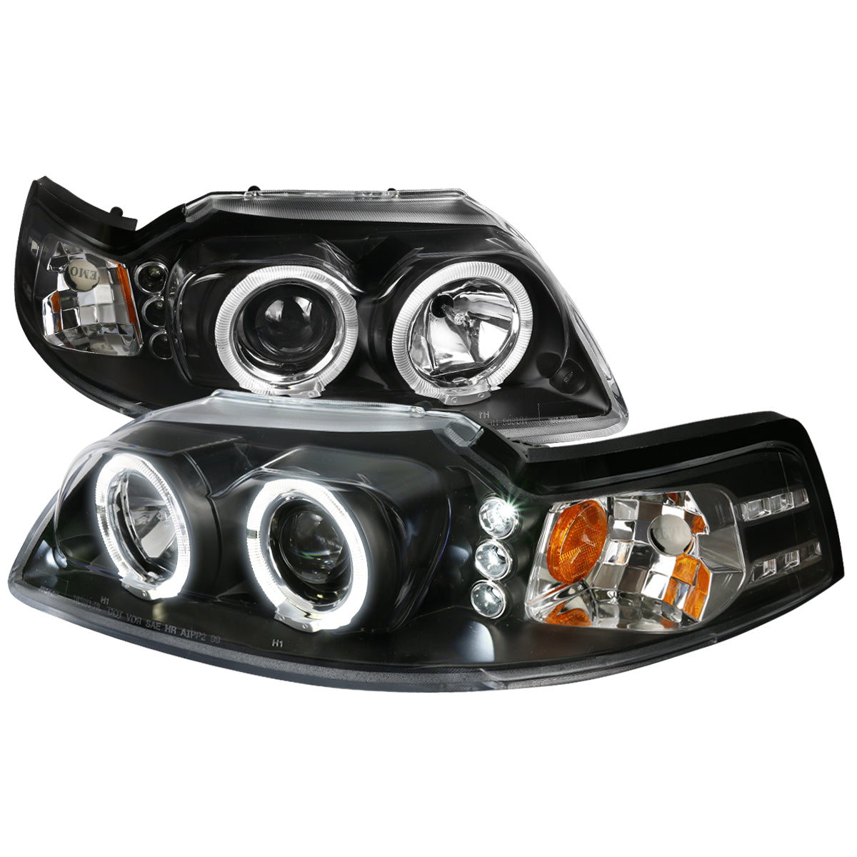 1999-2004 Ford Mustang New Edge Dual Halo Projector Headlights (Matte Black Housing / Clear Lens)