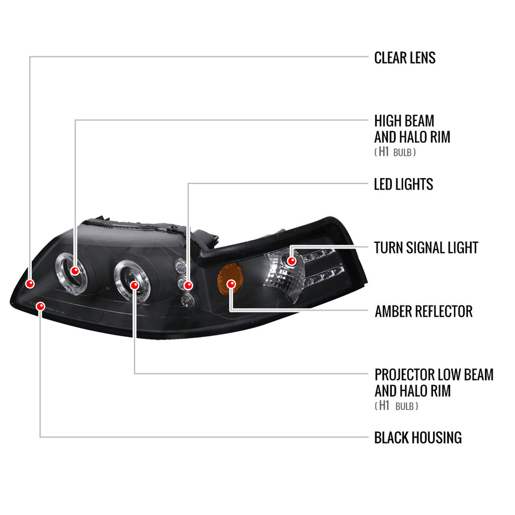 1999-2004 Ford Mustang New Edge Dual Halo V2 Projector Headlights (Matte Black Housing / Clear Lens)