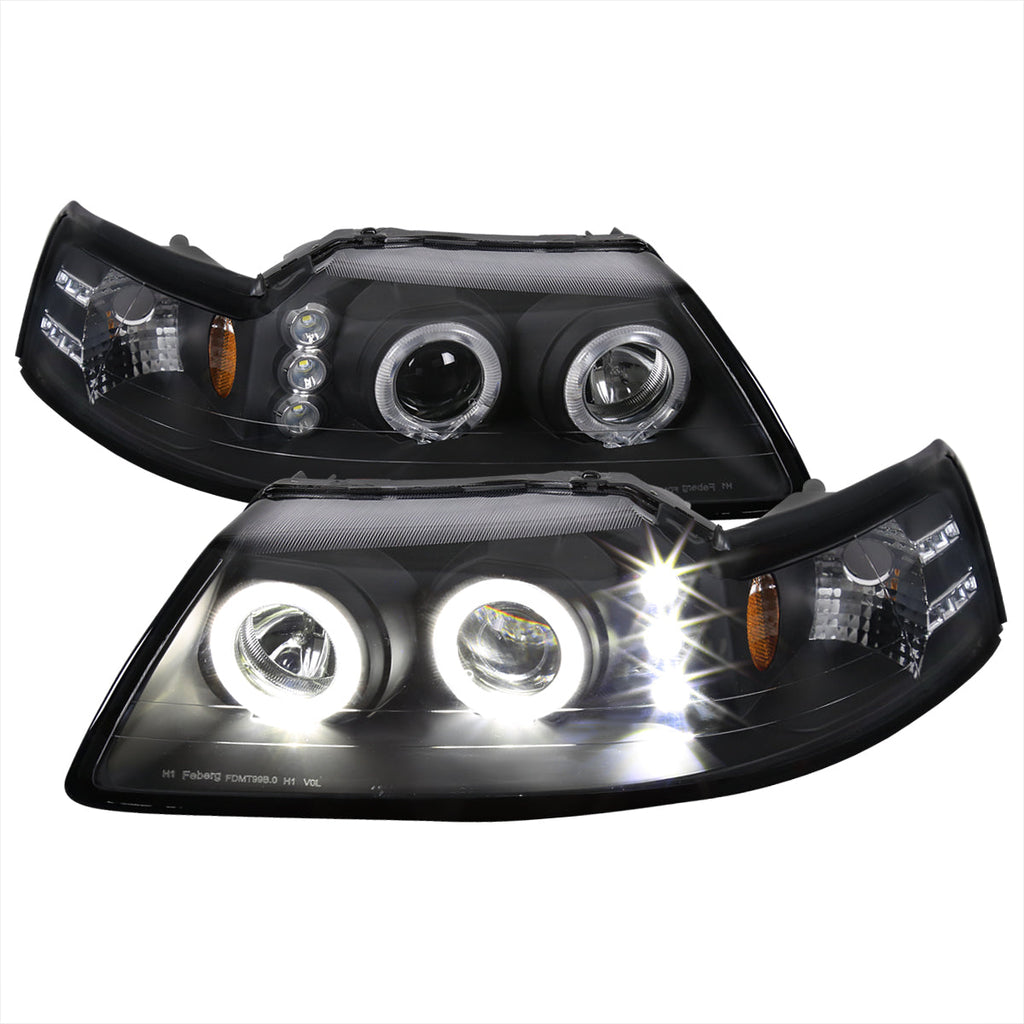 1999-2004 Ford Mustang New Edge Dual Halo V2 Projector Headlights (Matte Black Housing / Clear Lens)