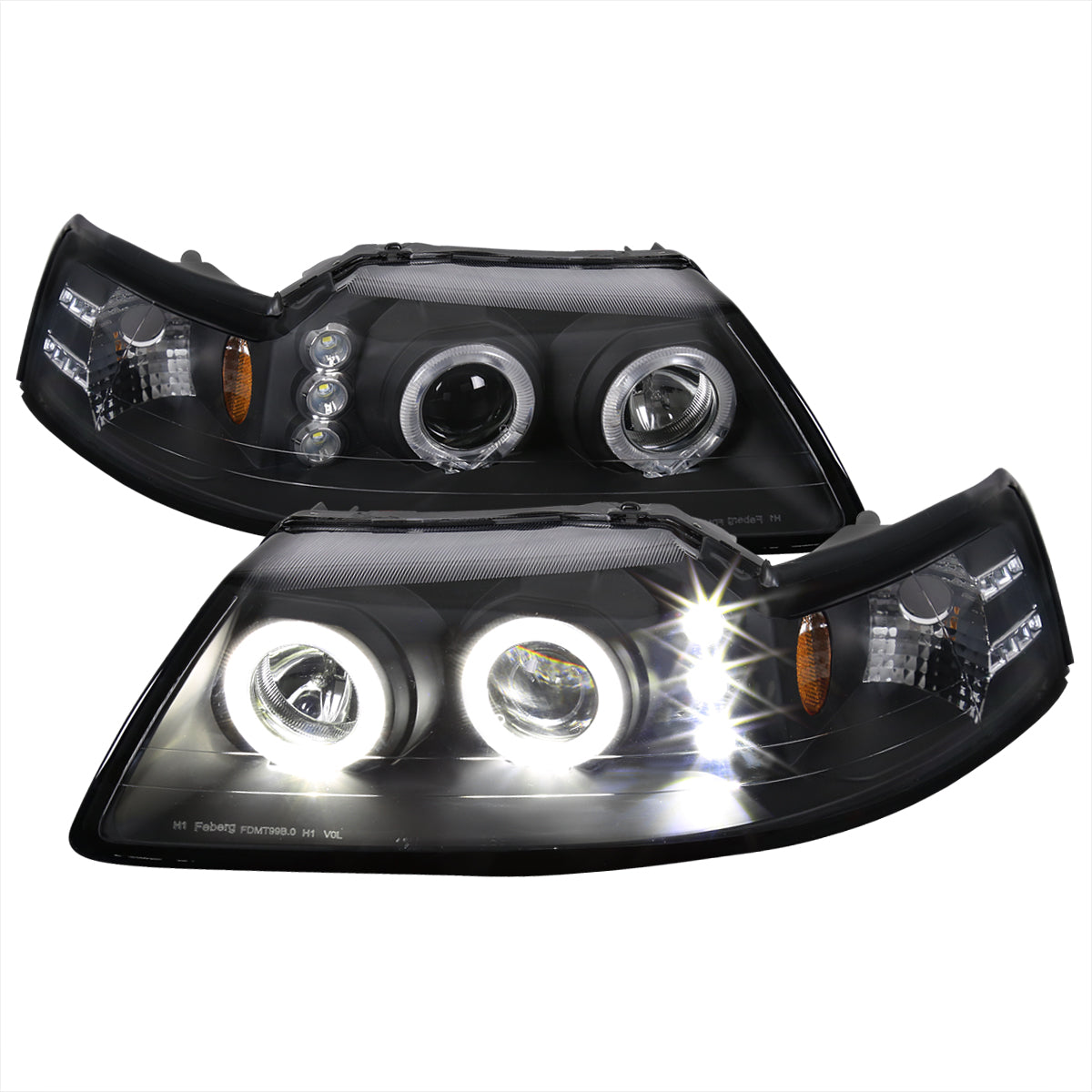 1999-2004 Ford Mustang New Edge Dual Halo V2 Projector Headlights (Matte Black Housing / Clear Lens)
