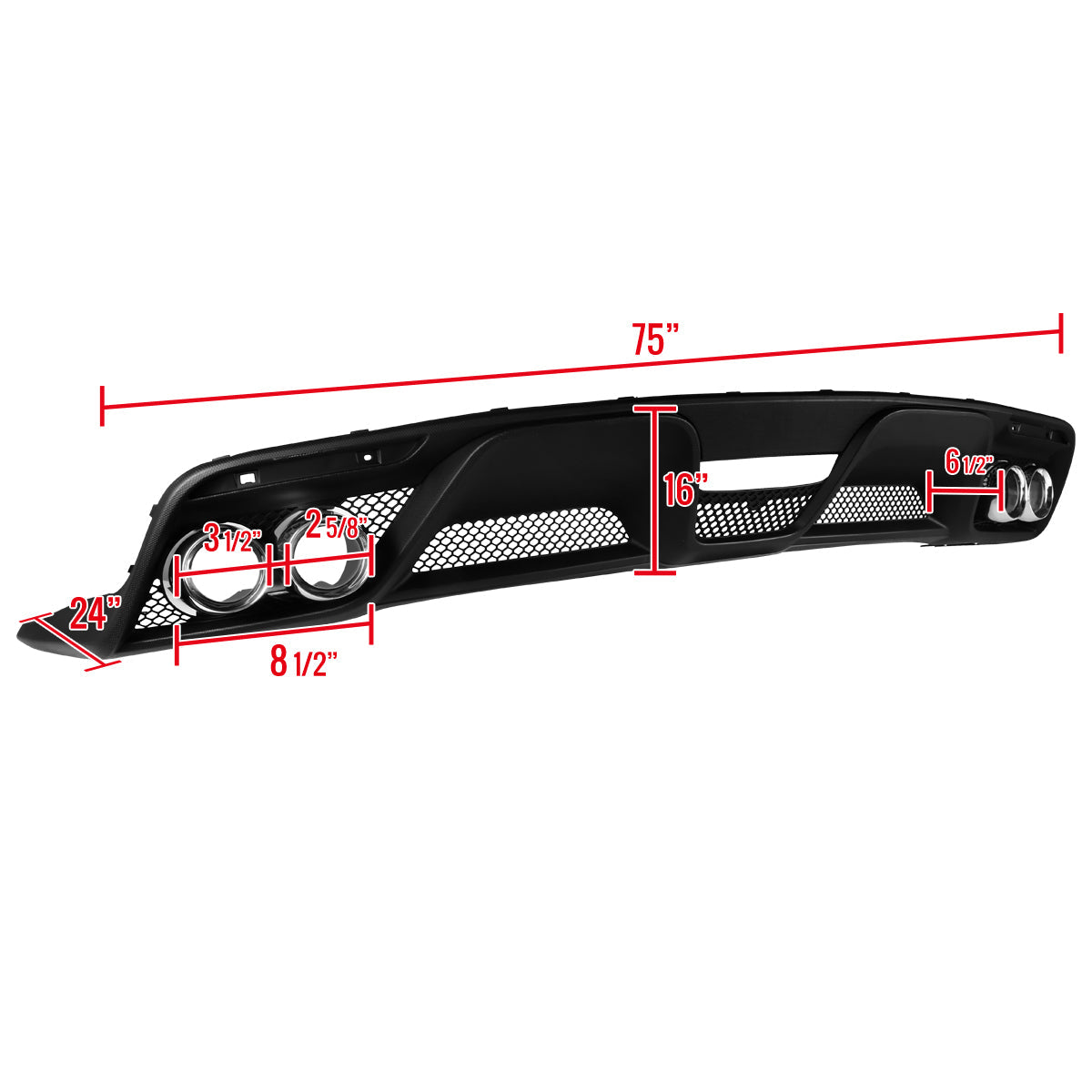 2015-2017 Ford Mustang S550 Black Polypropylene GT350 Style Rear Diffuser w/ Dual Stainless Steel Muffler Tips