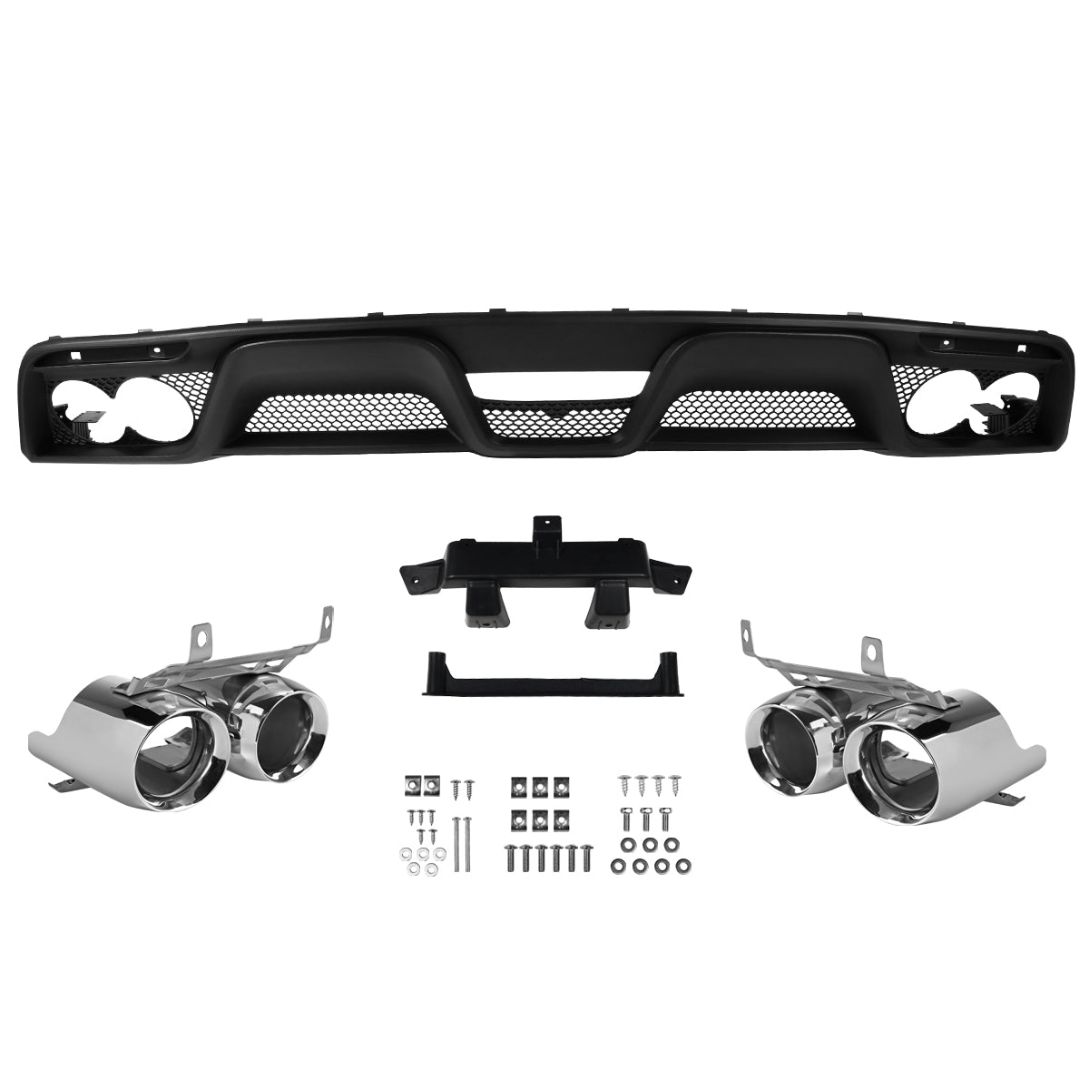 2015-2017 Ford Mustang S550 Black Polypropylene GT350 Style Rear Diffuser w/ Dual Stainless Steel Muffler Tips