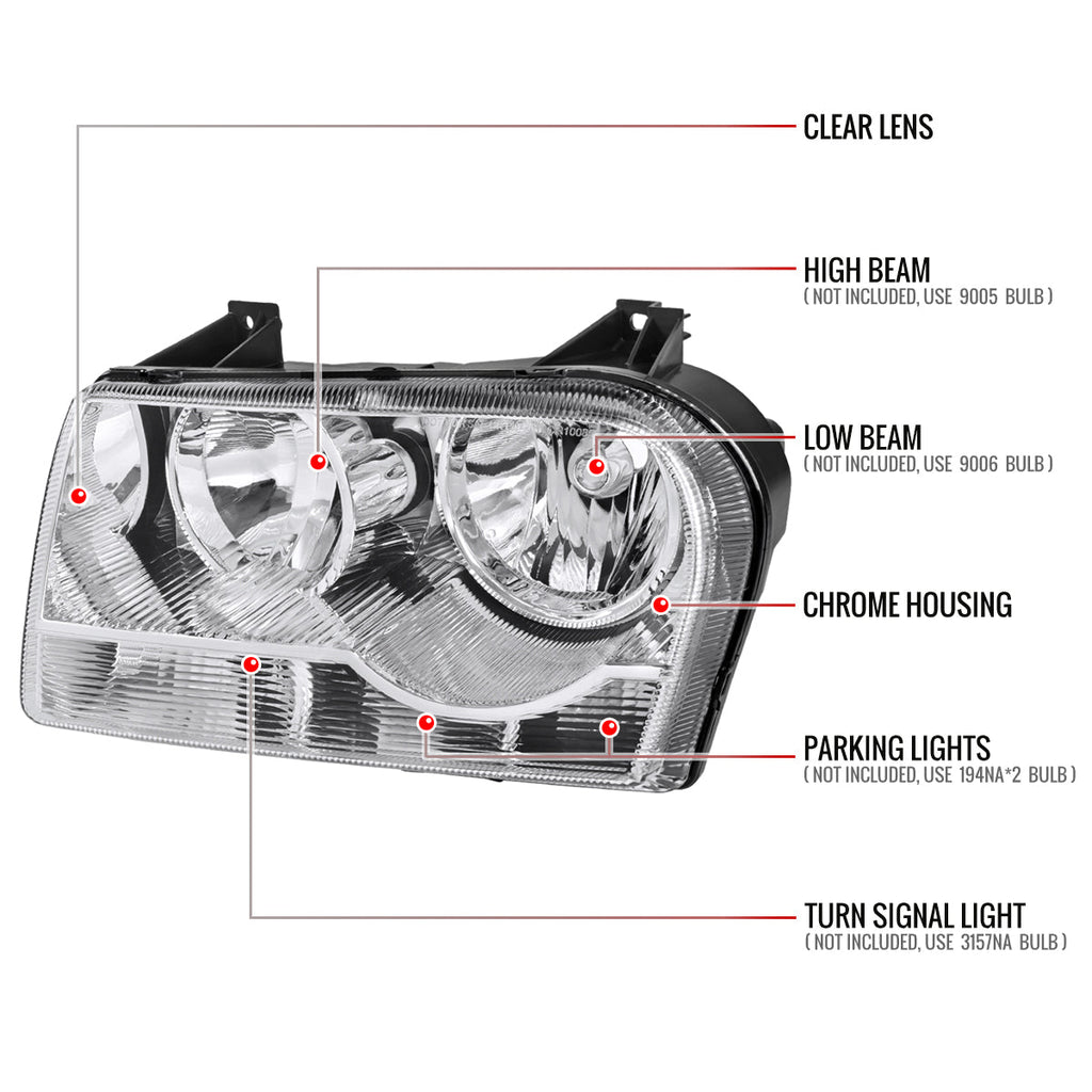 2005-2010 Chrysler 300 Factory Style Headlights (Chrome Housing / Clear Lens)