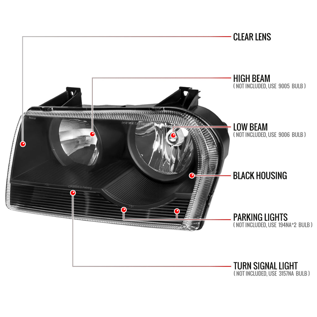 2005-2010 Chrysler 300 Factory Style Headlights (Matte Black Housing / Clear Lens)