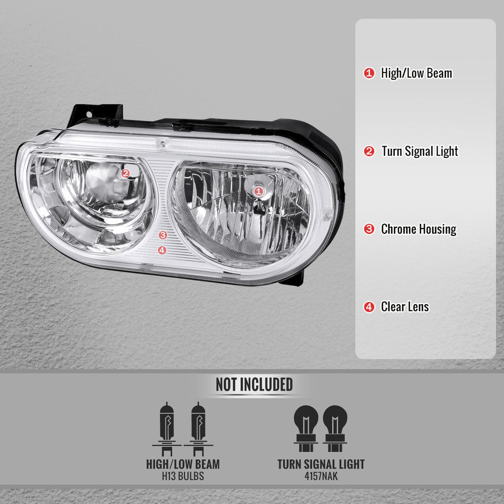 2008-2014 Dodge Challenger Factory Style Replacement Headlights (Chrome Housing / Clear Lens)