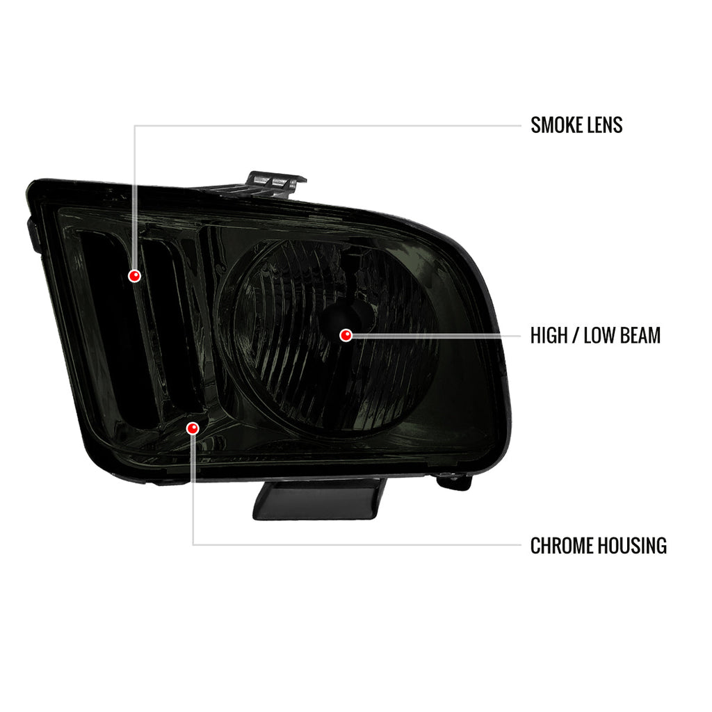 2005-2009 Ford Mustang S197 Factory Style Headlights (Chrome Housing / Smoked Lens)