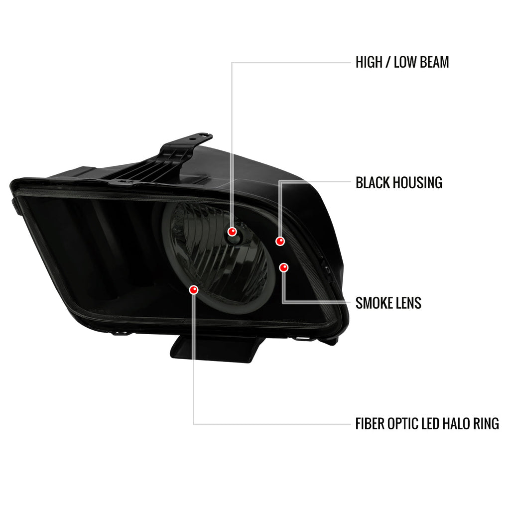 2005-2009 Ford Mustang S197 LED Halo Factory Style Headlights (Matte Black Housing / Smoked Lens)