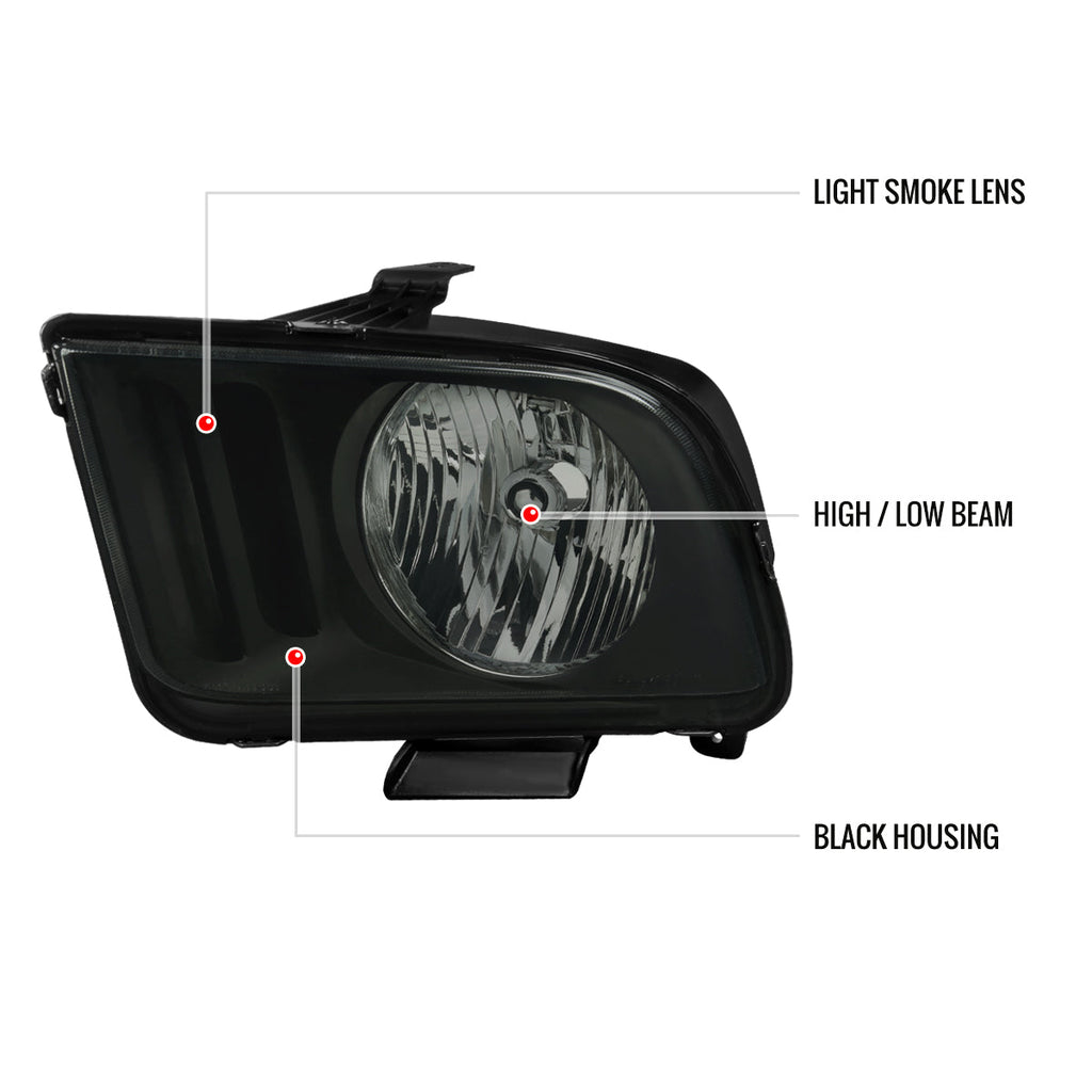 2005-2009 Ford Mustang S197 Factory Style Headlights (Matte Black Housing / Light Smoked Lens)