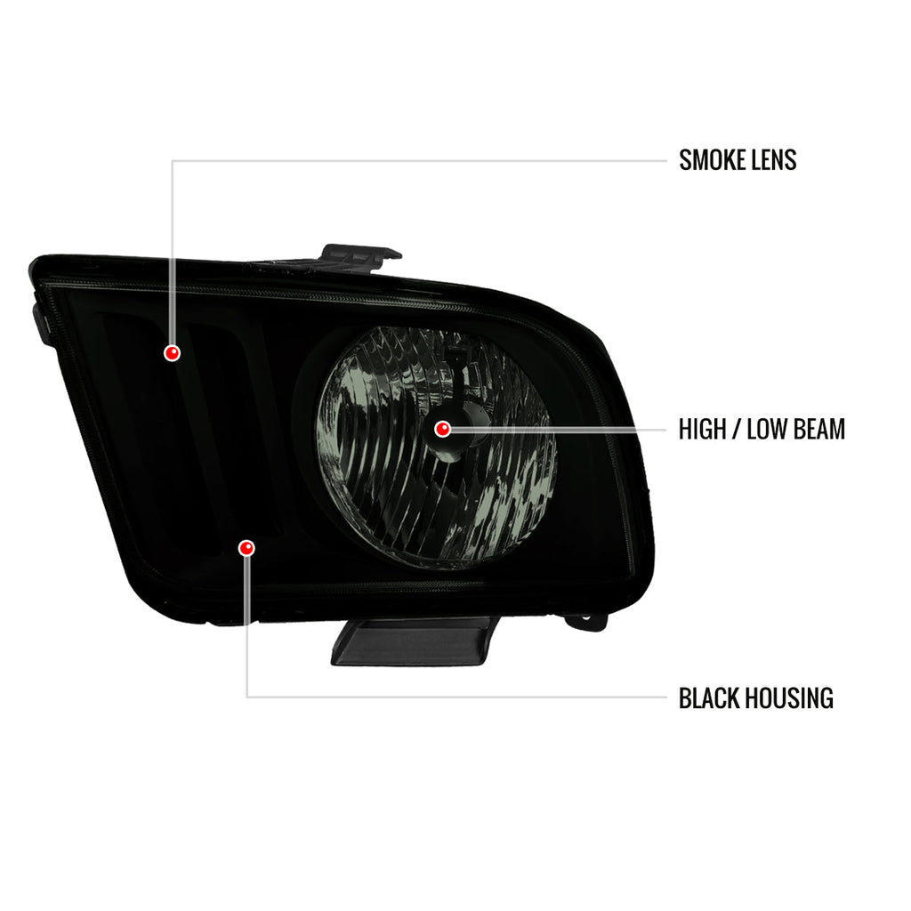 2005-2009 Ford Mustang S197 Factory Style Headlights (Black Housing / Smoked Lens)