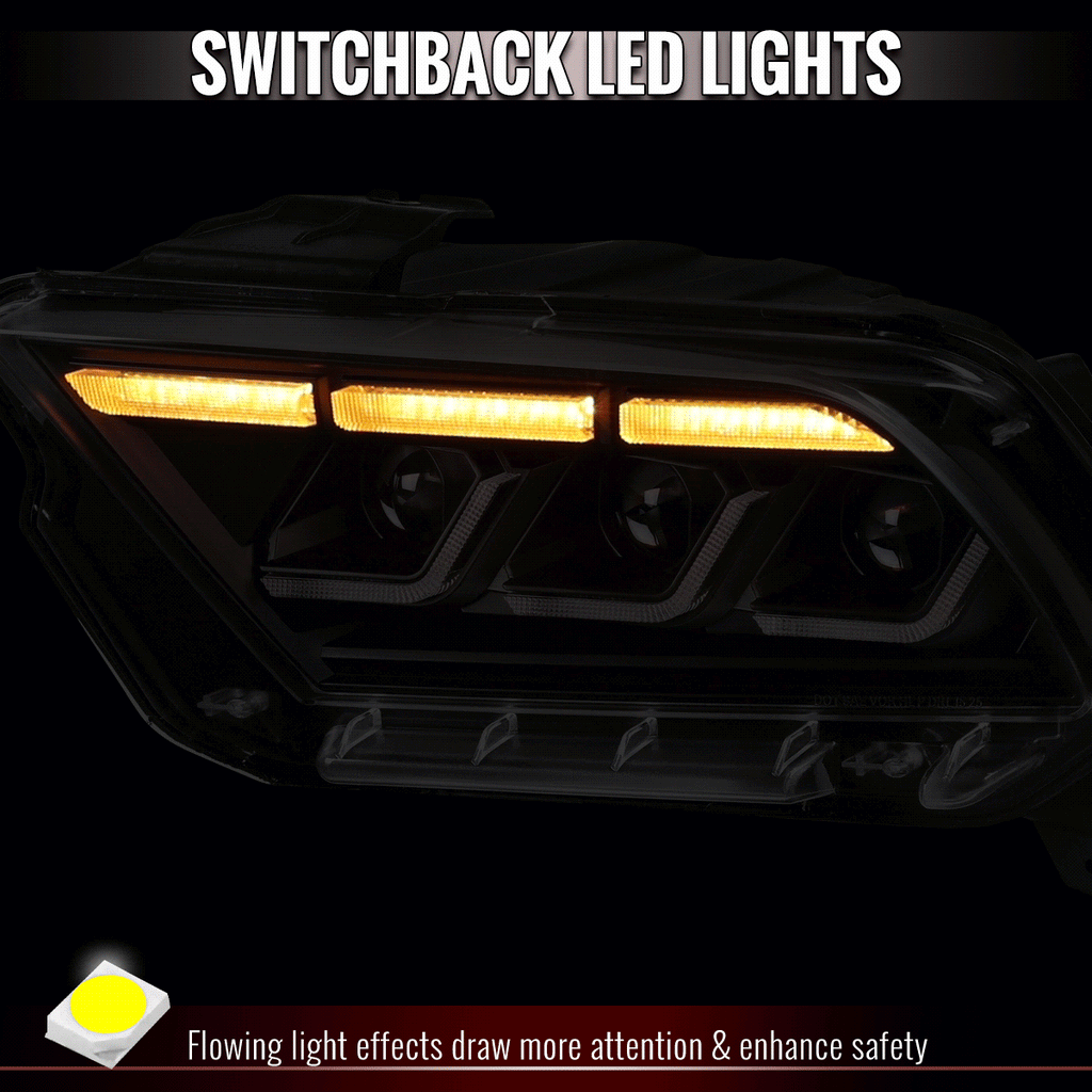 2010-2014 Ford Mustang S197 Full LED Projector Headlights Sequential Turn Signal Switchback DRL (Matte Black Housing / Clear Lens)