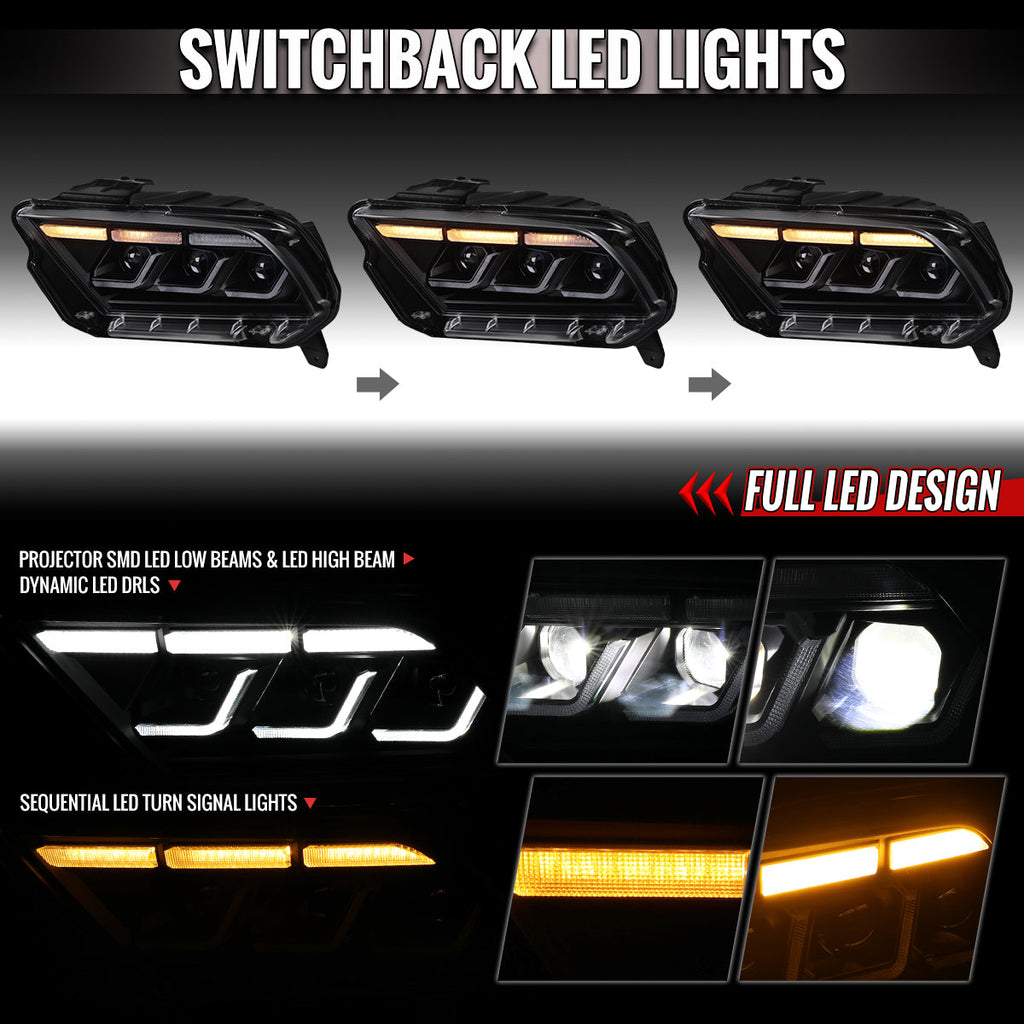 2010-2014 Ford Mustang S197 Full LED Projector Headlights Sequential Turn Signal Switchback DRL (Matte Black Housing / Clear Lens)