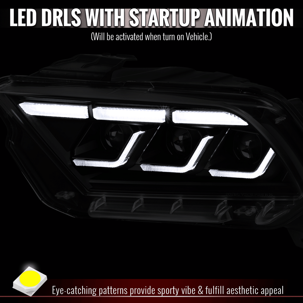 2010-2014 Ford Mustang S197 Full LED Projector Headlights Sequential Turn Signal Switchback DRL (Matte Black Housing / Clear Lens)