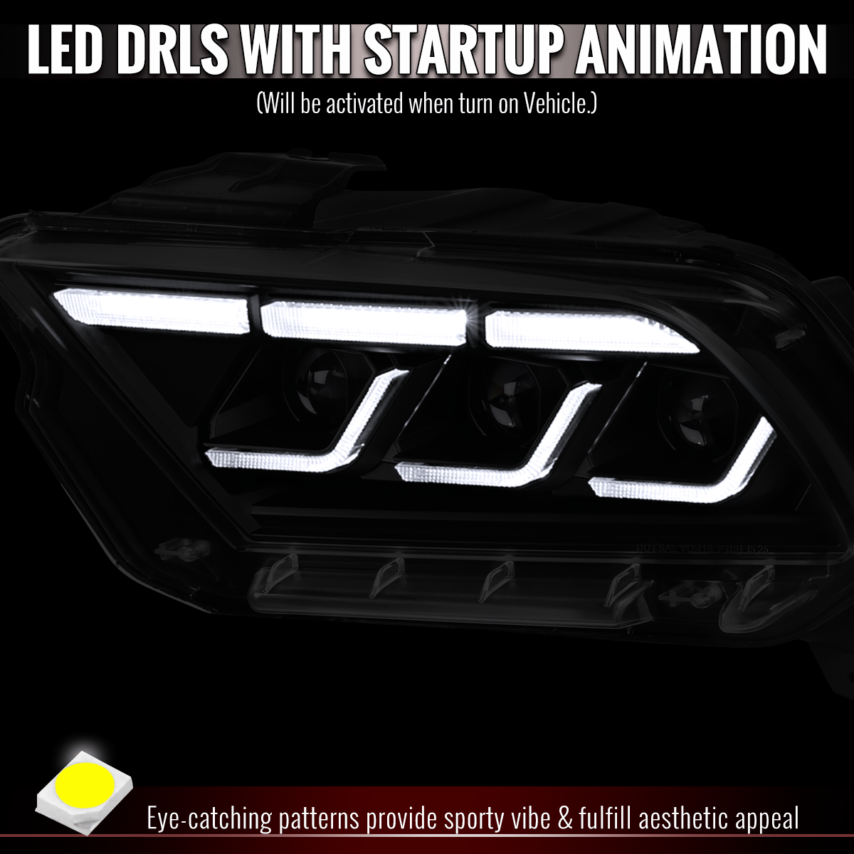 2010-2014 Ford Mustang S197 Full LED Projector Headlights Sequential Turn Signal Switchback DRL (Matte Black Housing / Clear Lens)