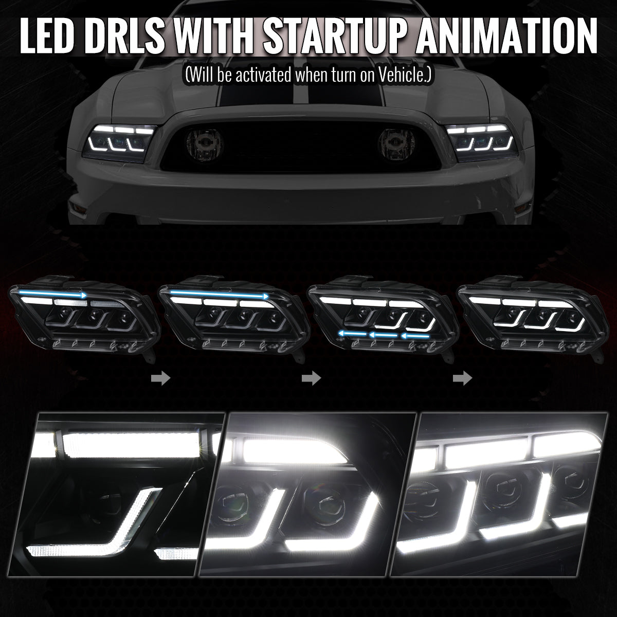 2010-2014 Ford Mustang S197 Full LED Projector Headlights Sequential Turn Signal Switchback DRL (Matte Black Housing / Clear Lens)