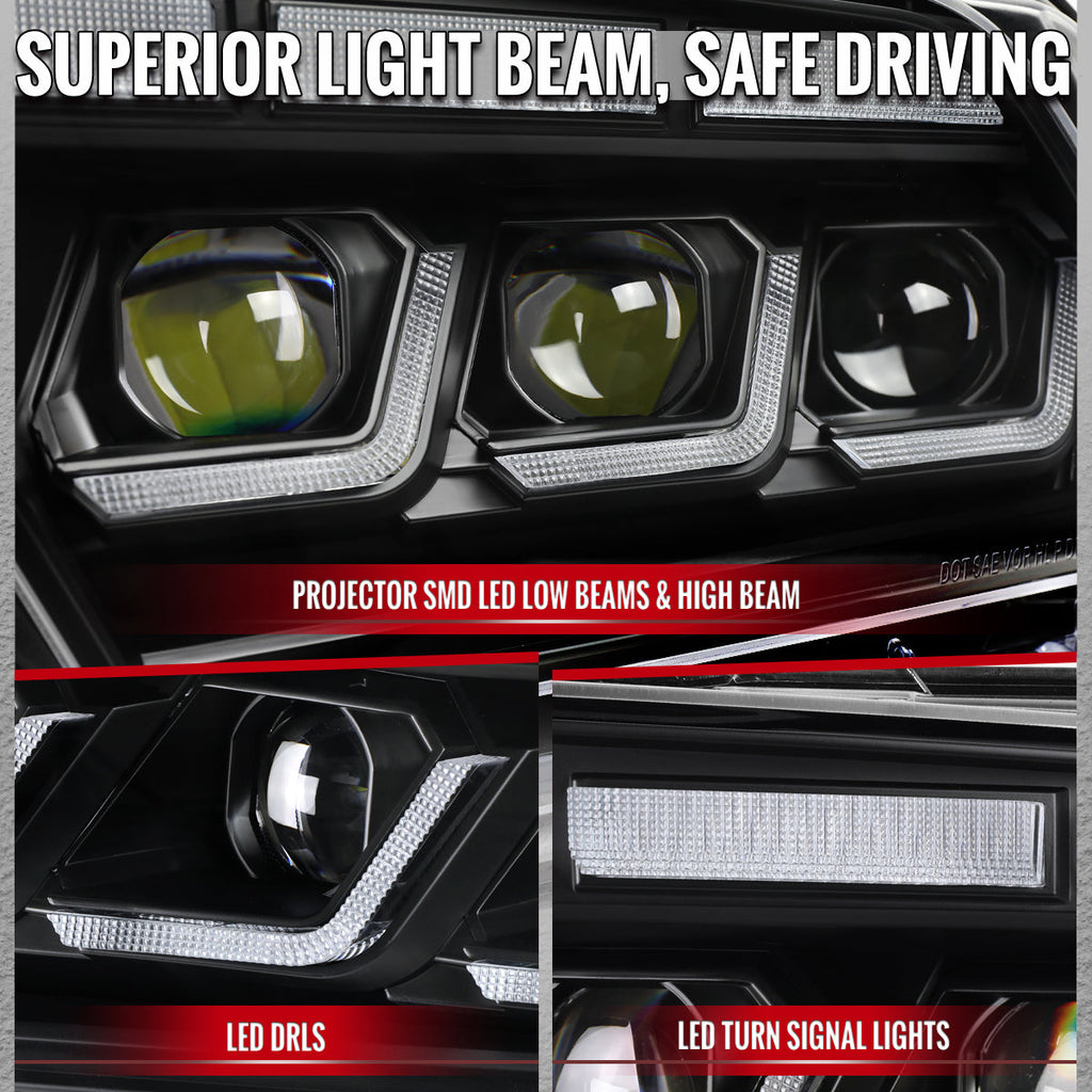 2010-2014 Ford Mustang S197 Full LED Projector Headlights Sequential Turn Signal Switchback DRL (Matte Black Housing / Clear Lens)