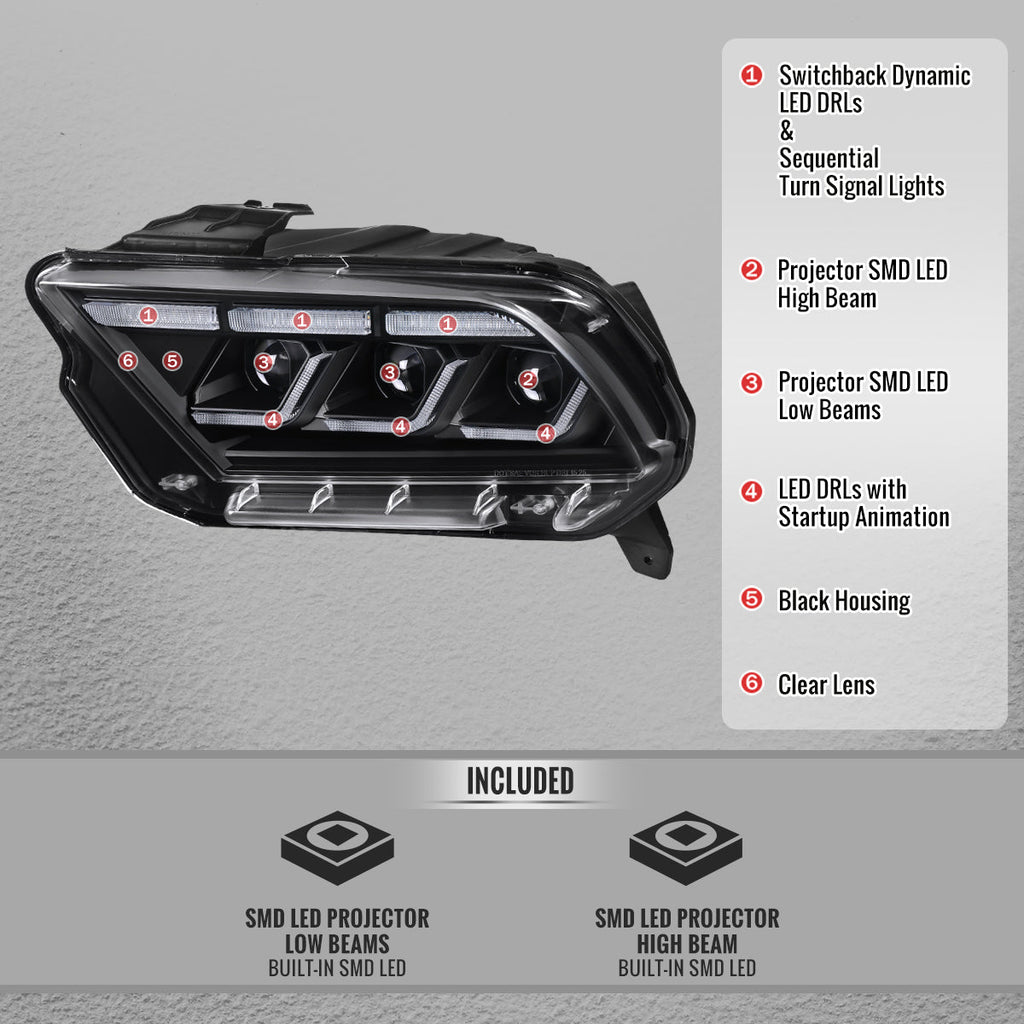 2010-2014 Ford Mustang S197 Full LED Projector Headlights Sequential Turn Signal Switchback DRL (Matte Black Housing / Clear Lens)