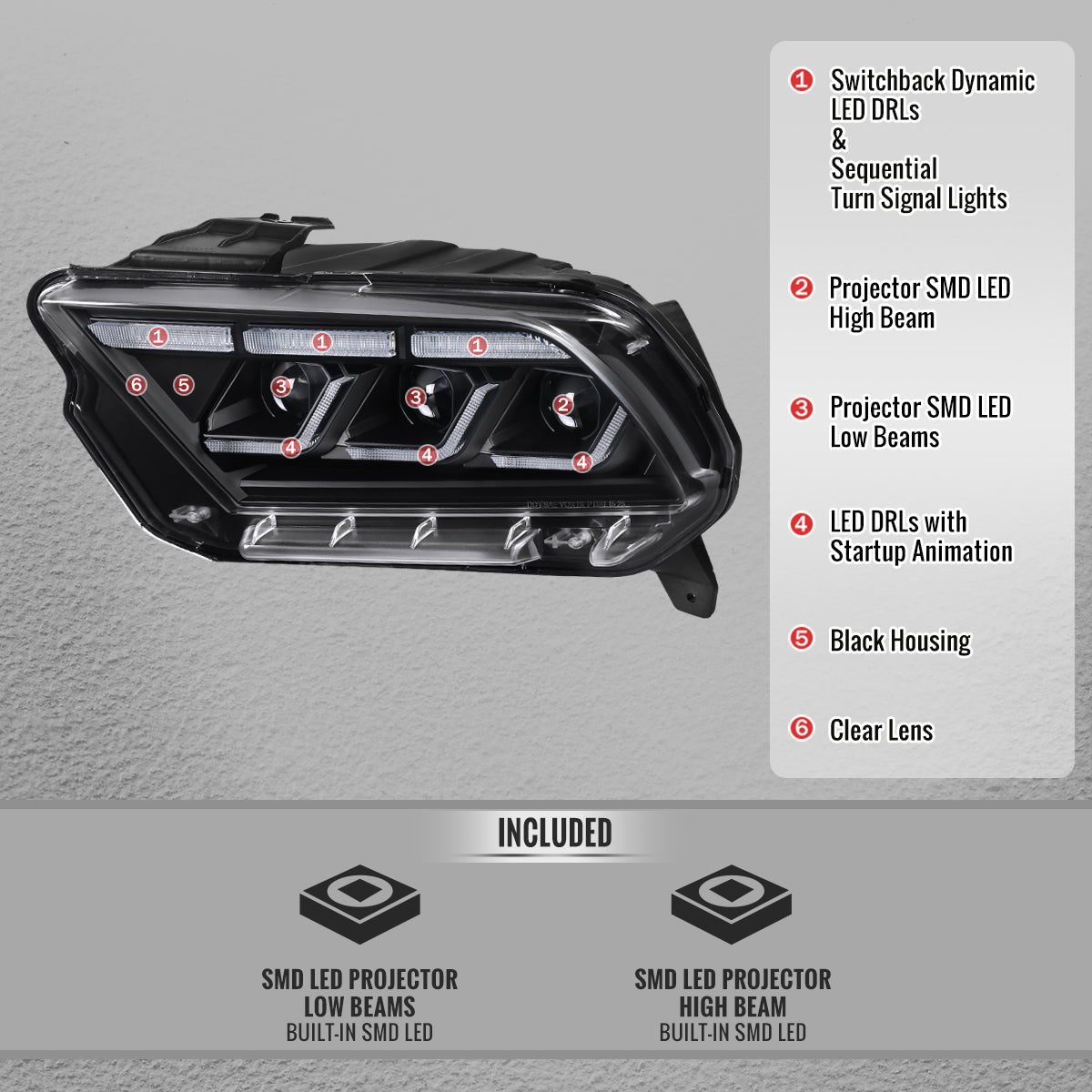 2010-2014 Ford Mustang S197 Full LED Projector Headlights Sequential Turn Signal Switchback DRL (Matte Black Housing / Clear Lens)