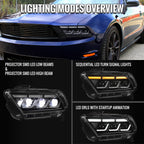 2010-2014 Ford Mustang S197 Full LED Projector Headlights Sequential Turn Signal Switchback DRL (Matte Black Housing / Clear Lens)