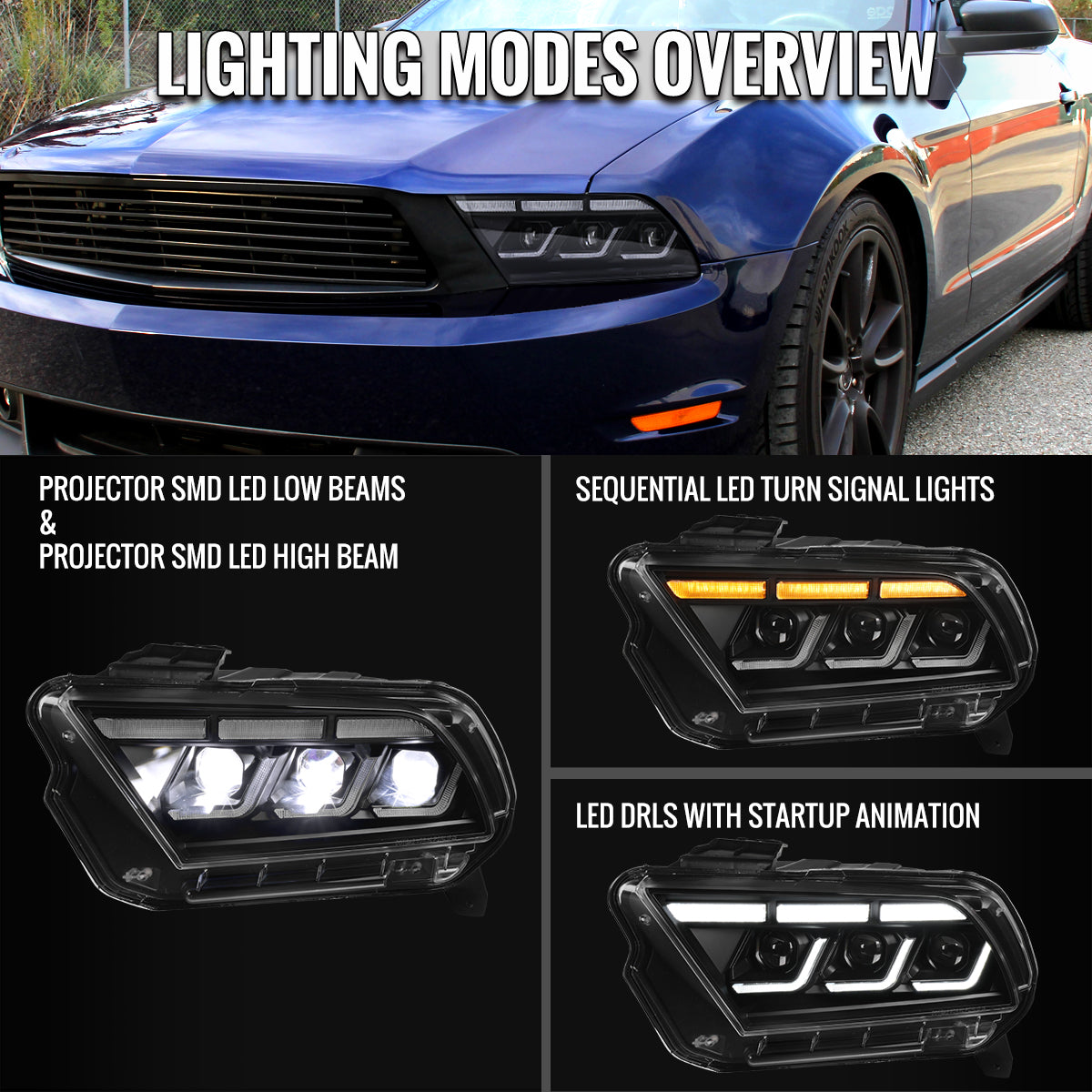 2010-2014 Ford Mustang S197 Full LED Projector Headlights Sequential Turn Signal Switchback DRL (Matte Black Housing / Clear Lens)
