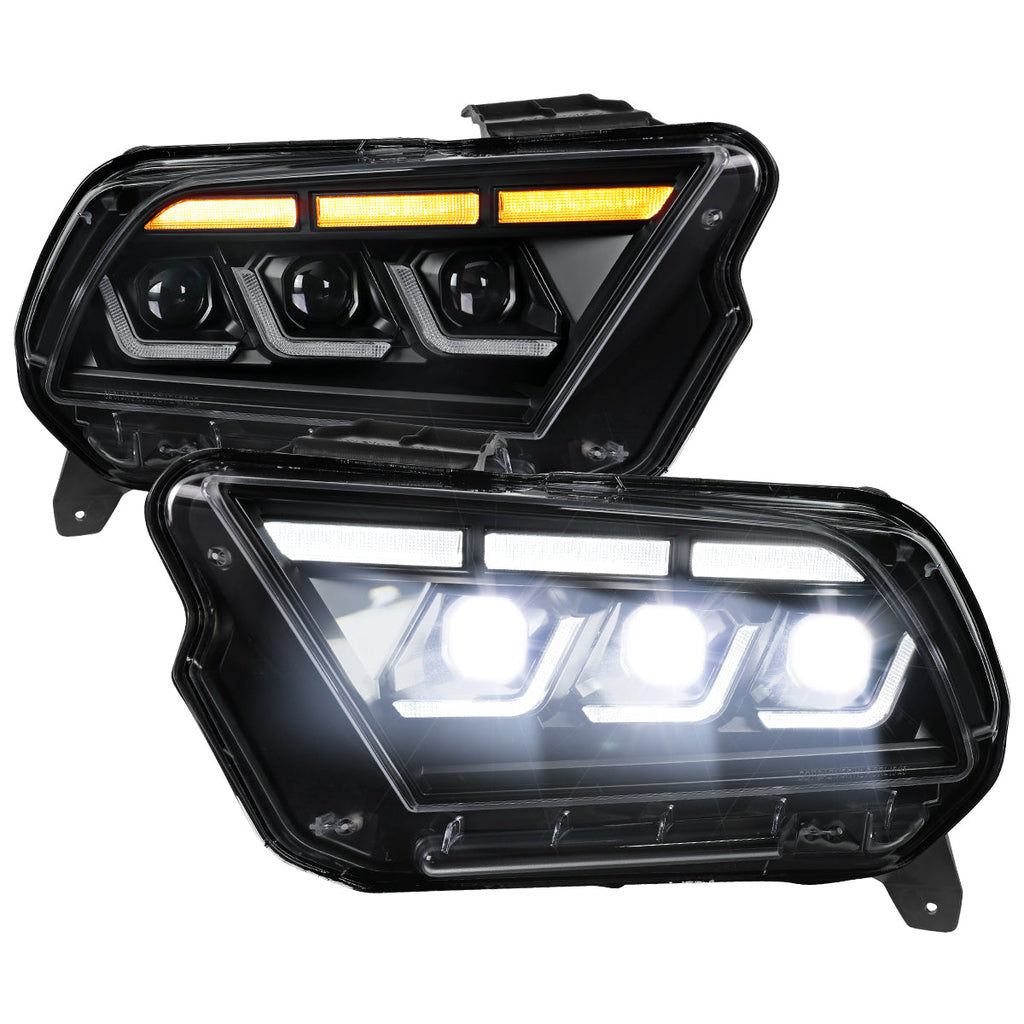 2010-2014 Ford Mustang S197 Full LED Projector Headlights Sequential Turn Signal Switchback DRL (Matte Black Housing / Clear Lens)