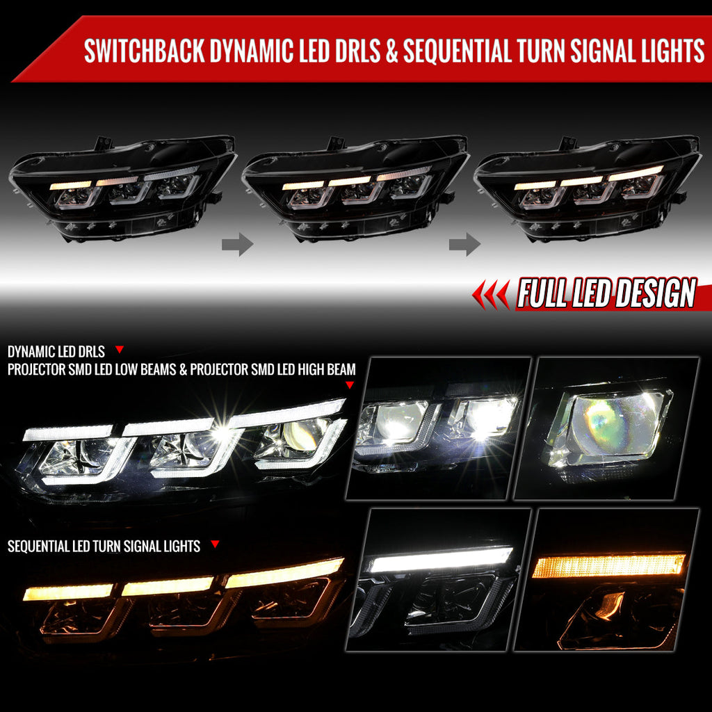 2015-2017 Ford Mustang S550 Full LED Projector Headlights Switchback Sequential with Start-Up Animation (Glossy Black Housing / Clear Lens)
