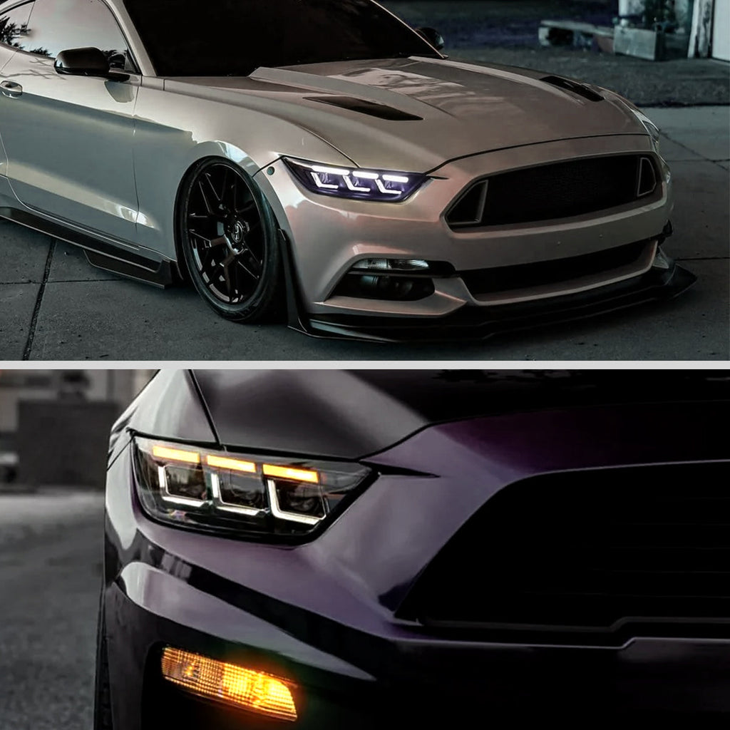 2015-2017 Ford Mustang S550 Full LED Projector Headlights Switchback Sequential with Start-Up Animation (Glossy Black Housing / Clear Lens)