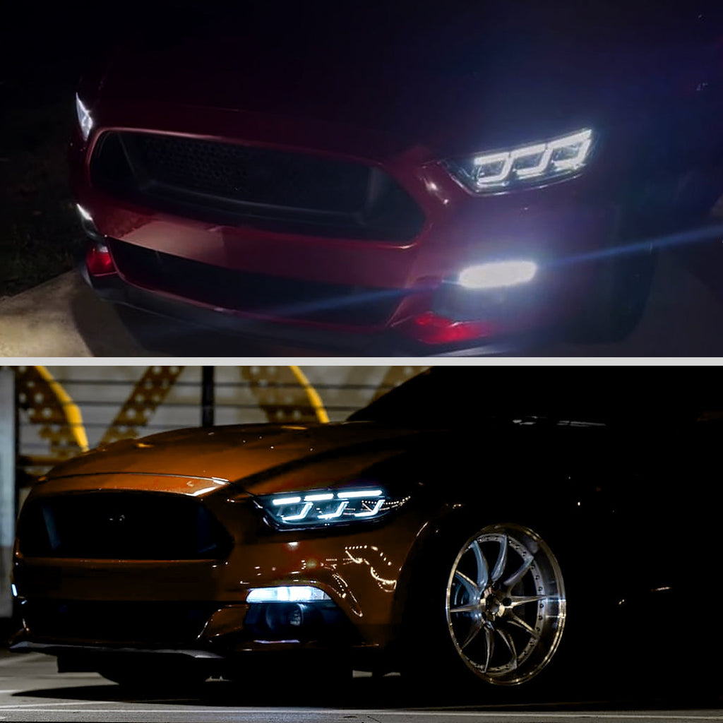 2015-2017 Ford Mustang S550 Full LED Projector Headlights Switchback Sequential with Start-Up Animation (Glossy Black Housing / Clear Lens)