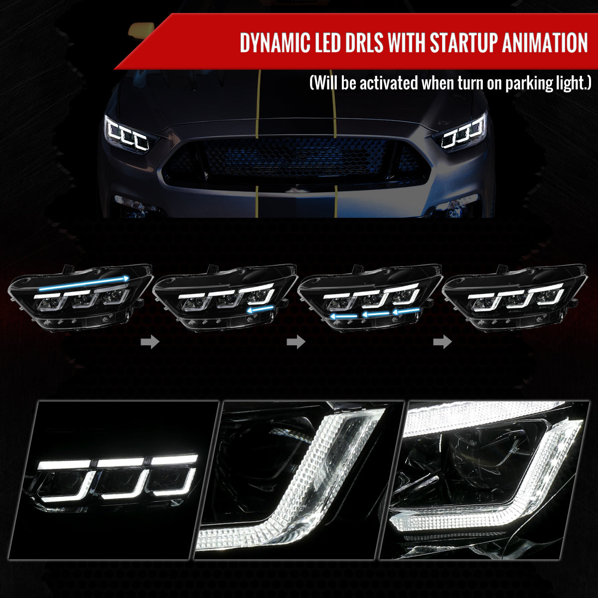 2015-2017 Ford Mustang S550 Full LED Projector Headlights Switchback Sequential with Start-Up Animation (Glossy Black Housing / Clear Lens)
