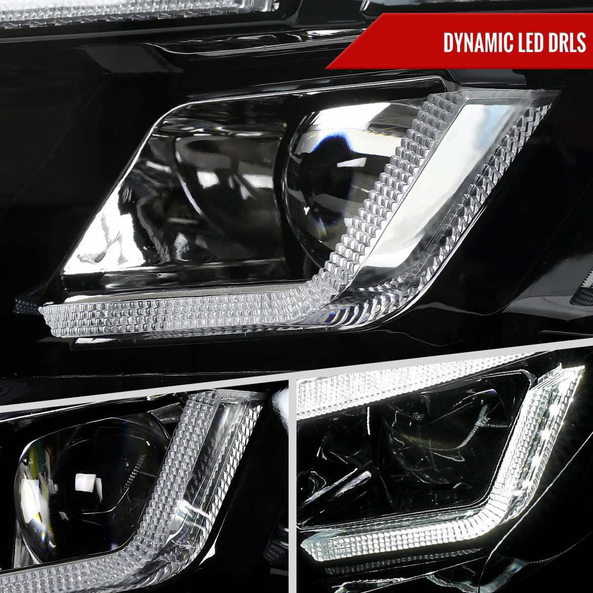 2015-2017 Ford Mustang S550 Full LED Projector Headlights Switchback Sequential with Start-Up Animation (Glossy Black Housing / Clear Lens)