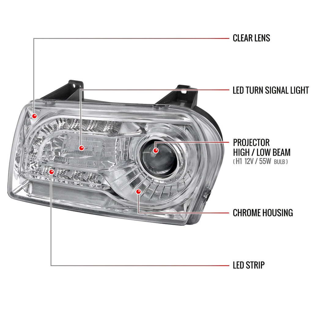 2005-2010 Chrysler 300 Base/LX/Touring Projector Headlights w/ LED Light Strip & LED Turn Signal Lights (Chrome Housing / Clear Lens)