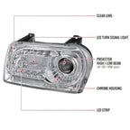 2005-2010 Chrysler 300 Base/LX/Touring Projector Headlights w/ LED Light Strip & LED Turn Signal Lights (Chrome Housing / Clear Lens)