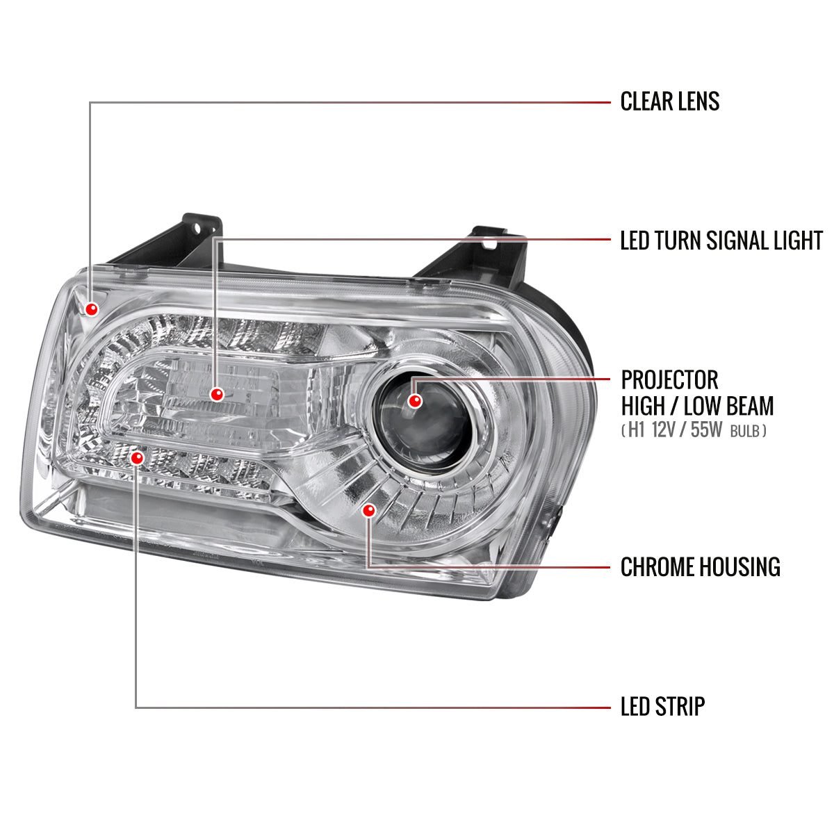2005-2010 Chrysler 300 Base/LX/Touring Projector Headlights w/ LED Light Strip & LED Turn Signal Lights (Chrome Housing / Clear Lens)