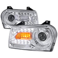 2005-2010 Chrysler 300 Base/LX/Touring Projector Headlights w/ LED Light Strip & LED Turn Signal Lights (Chrome Housing / Clear Lens)