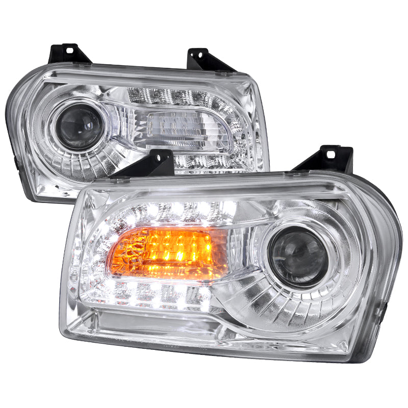 2005-2010 Chrysler 300 Base/LX/Touring Projector Headlights w/ LED Light Strip & LED Turn Signal Lights (Chrome Housing / Clear Lens)